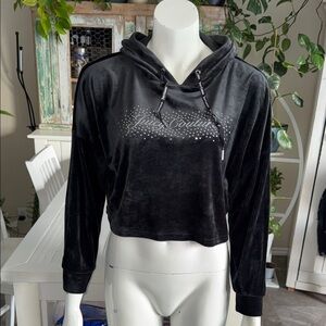Juicy Couture silver shiny font Black Velvet Hoodie crop Top size L